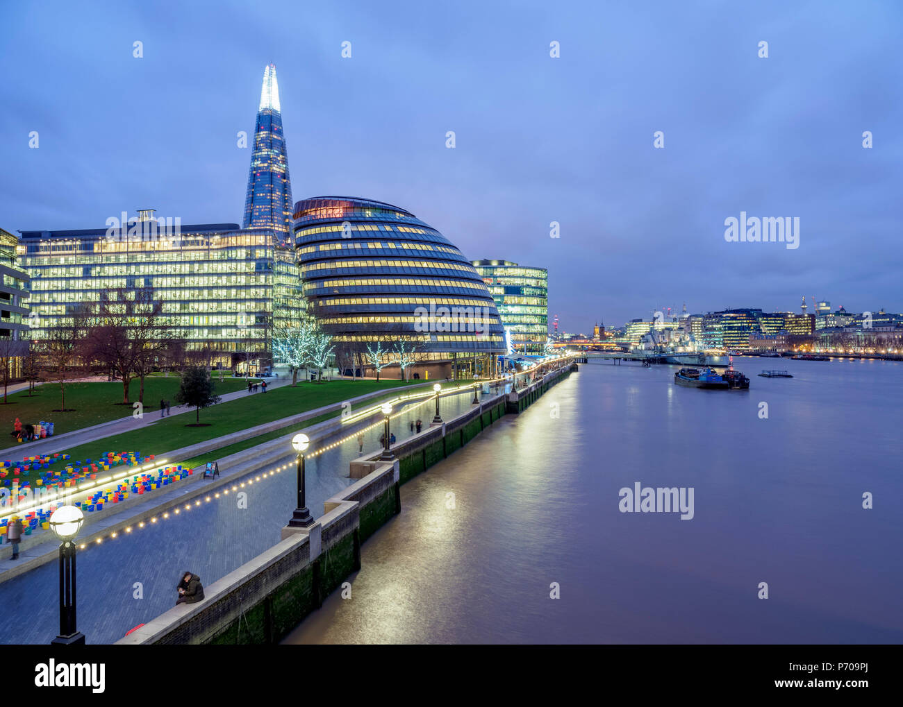 Modern Architecture by the Queens Walk and The Shard at twilight, London, England, United Kingdom Stock Photo
