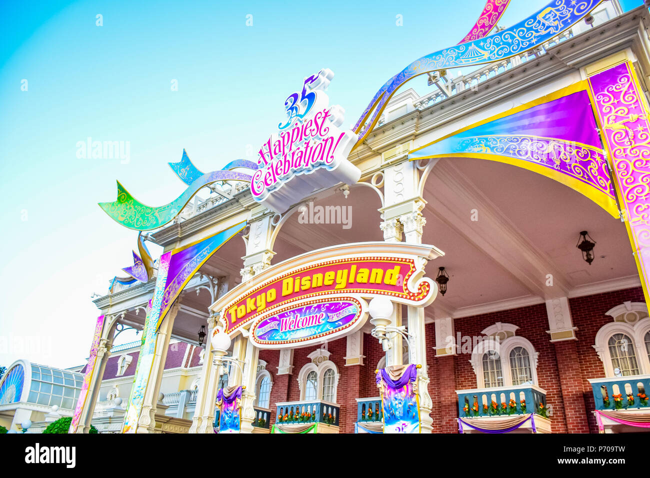 Tokyo Disneyland Resort celebrates its 35th anniversary by decorating the main entrance to colorful theme of 35th Happiest Celebration event Stock Photo