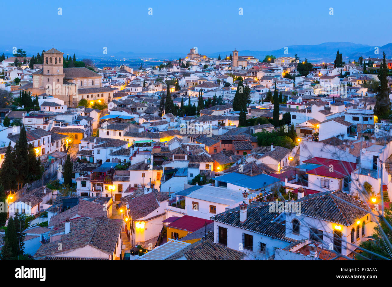 Spain, Andalucia, Granada Province, Granada, Sacromonte and Albaicin Districts, left is Iglesia del Salvador ( Church of the Saviour), Iglesia de San Cristobal (Church of St. Christopher) and right Iglesia de San Spain, Andalucia, Granada Province, Granada, Sacromonte and Albaicin Districts, left is Iglesia del Salvador ( Church of the Saviour), Iglesia de San Cristobal (Church of St. Christopher) and right Iglesia de San