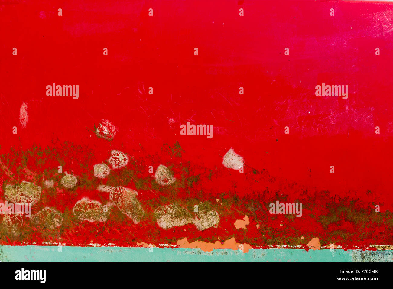 Background of rusty, red, blue and yellow colored metal surface. Stock Photo