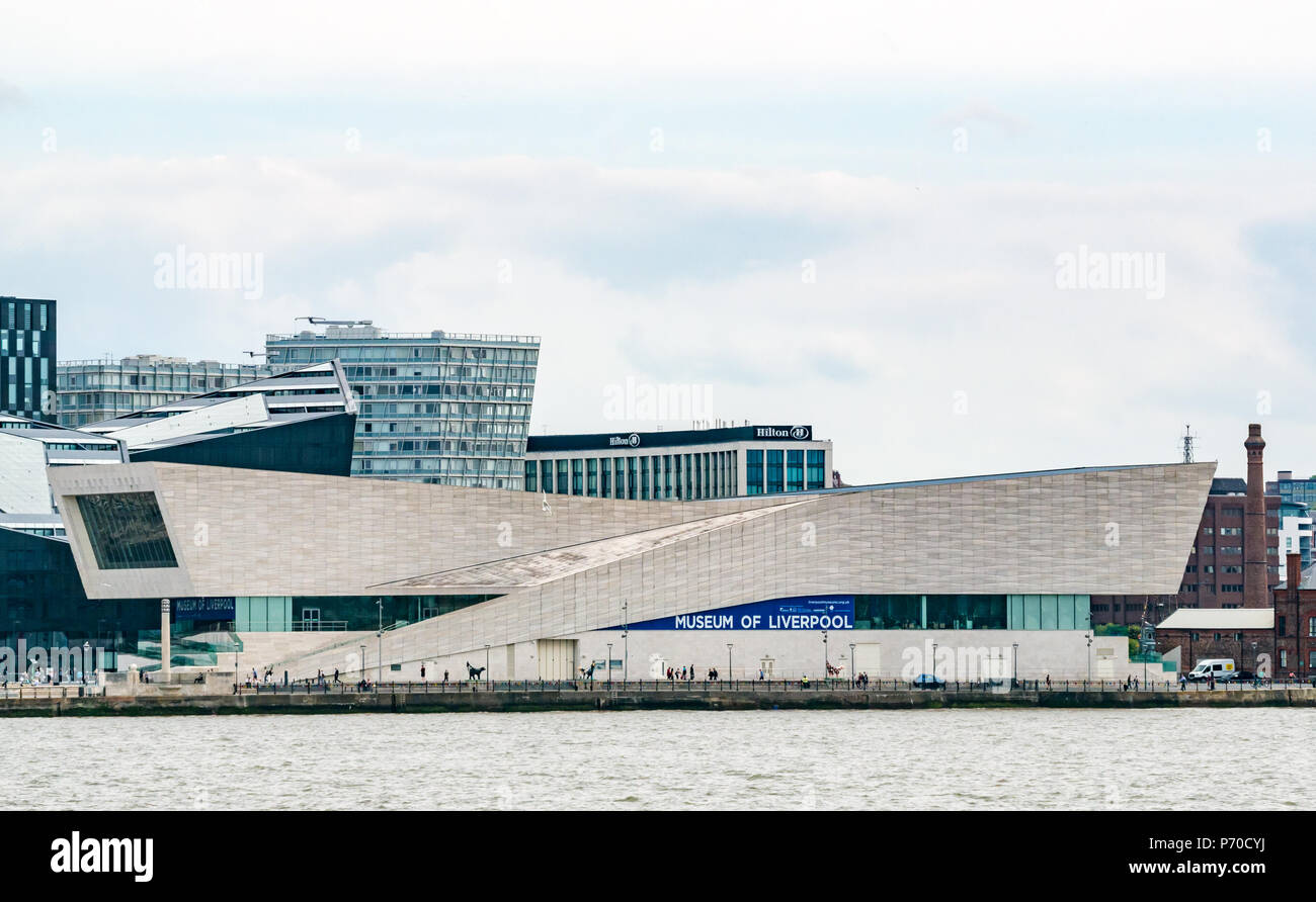 Modern Museum of Liverpool seen from River Mersey, Pier Head, Liverpool, England, UK Stock Photo