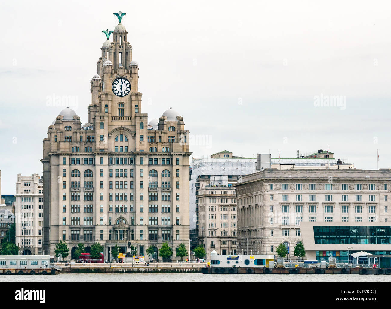 The Three Graces, Cunard Building and Royal Liver building, Pier Head, Liverpool, England, UK seen from River Mersey Stock Photo