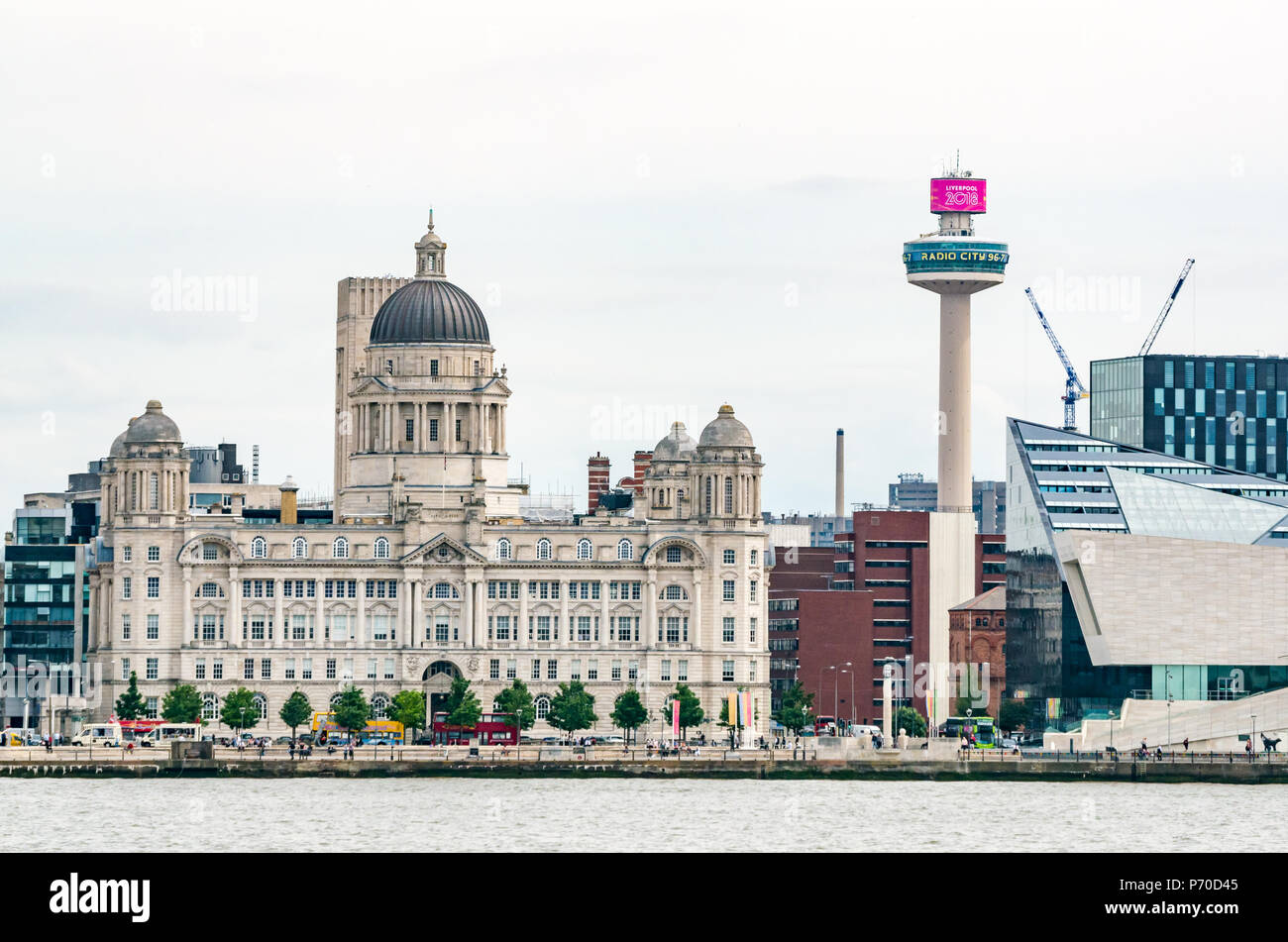 St John's Beacon Radio City observation tower and grand domed Port of Liverpool building, Pier Head riverside, Liverpool, England, UK Stock Photo
