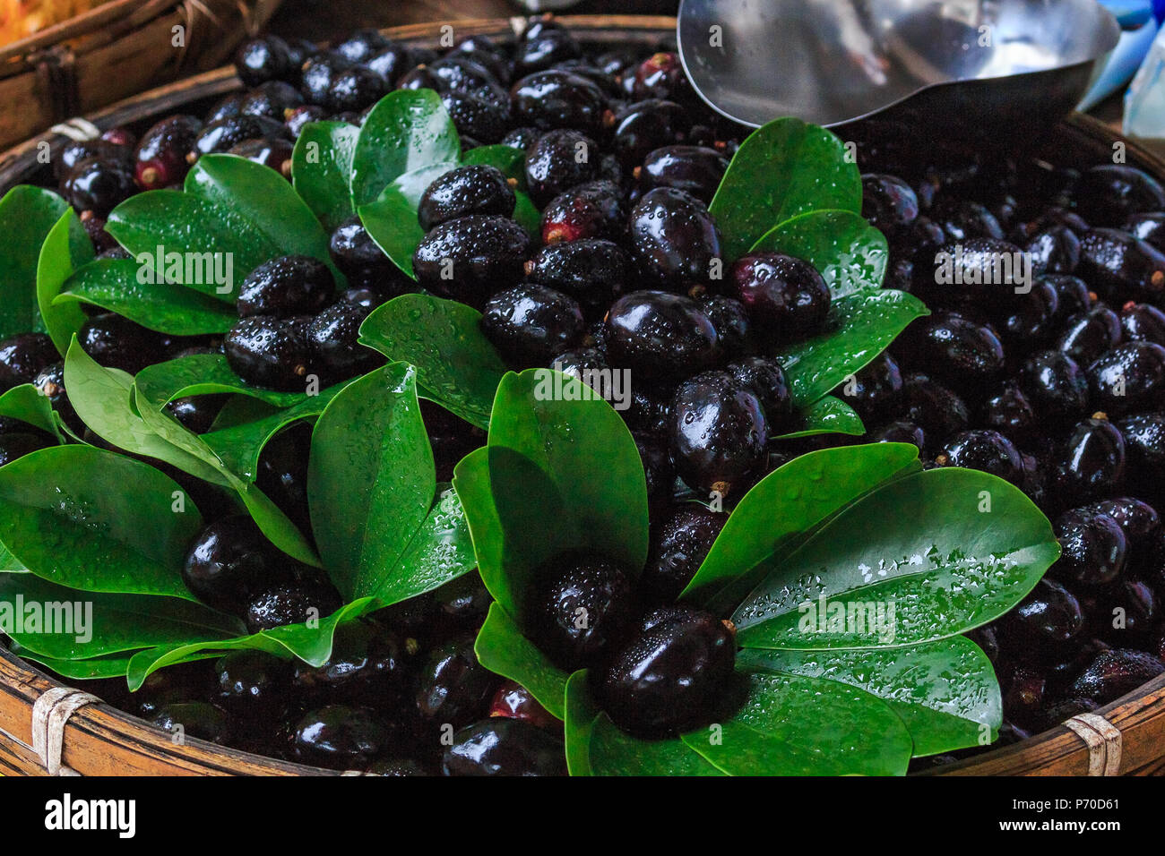 Fruits of jabuticaba decorated green leafs in wicker basket Stock Photo