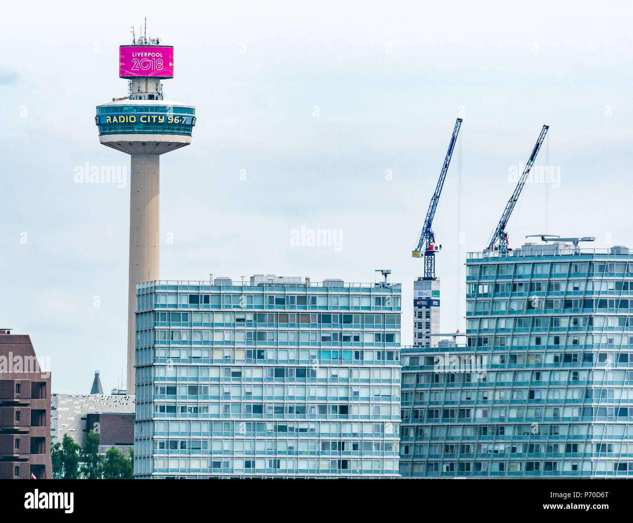 St John's Beacon Radio City observation tower with Liverpool 2018 banner and modern office buildings,Liverpool, England, UK Stock Photo
