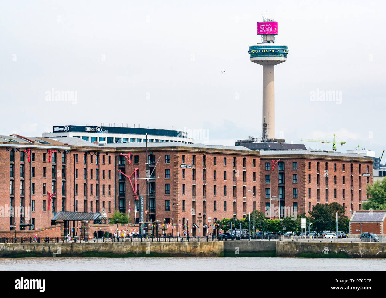 St John's Beacon Radio City observation tower and Albert Dock warehouses, converted into apartments, riverside, Liverpool, England, UK Stock Photo