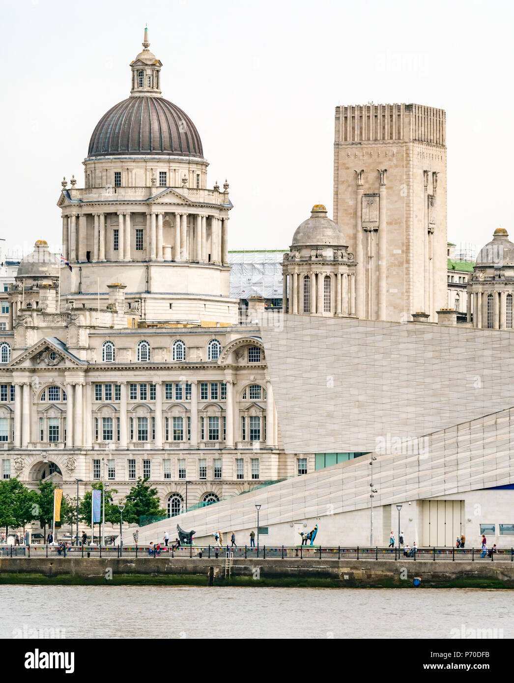Edwardian baroque style Port of Liverpool building, one of Three Graces, with modern Museum of Liverpool, Pier Head, Liverpool, England, UK Stock Photo
