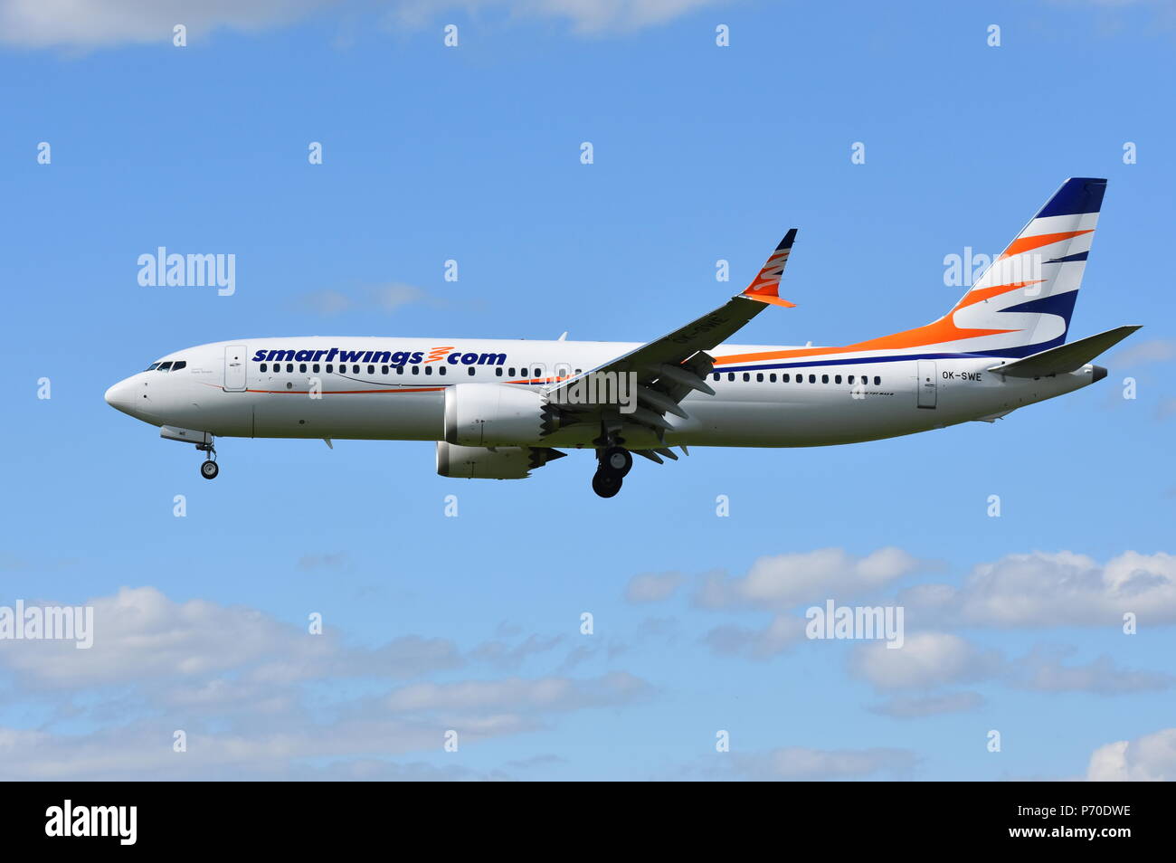 Boeing B737 departs from Pardubice, plane, Smartwings Stock Photo