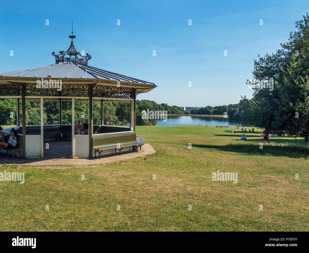 Summer house and view over Waterloo Lake at Roundhay Park Roundhay Leeds West Yorkshire England Stock Photo