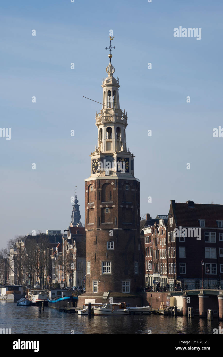 The Montelbaanstower, or Montelban Tower, on the Oude Schans canal. Base 16th Century, spire 1606 by by by Hendrik de Keyser. Stock Photo