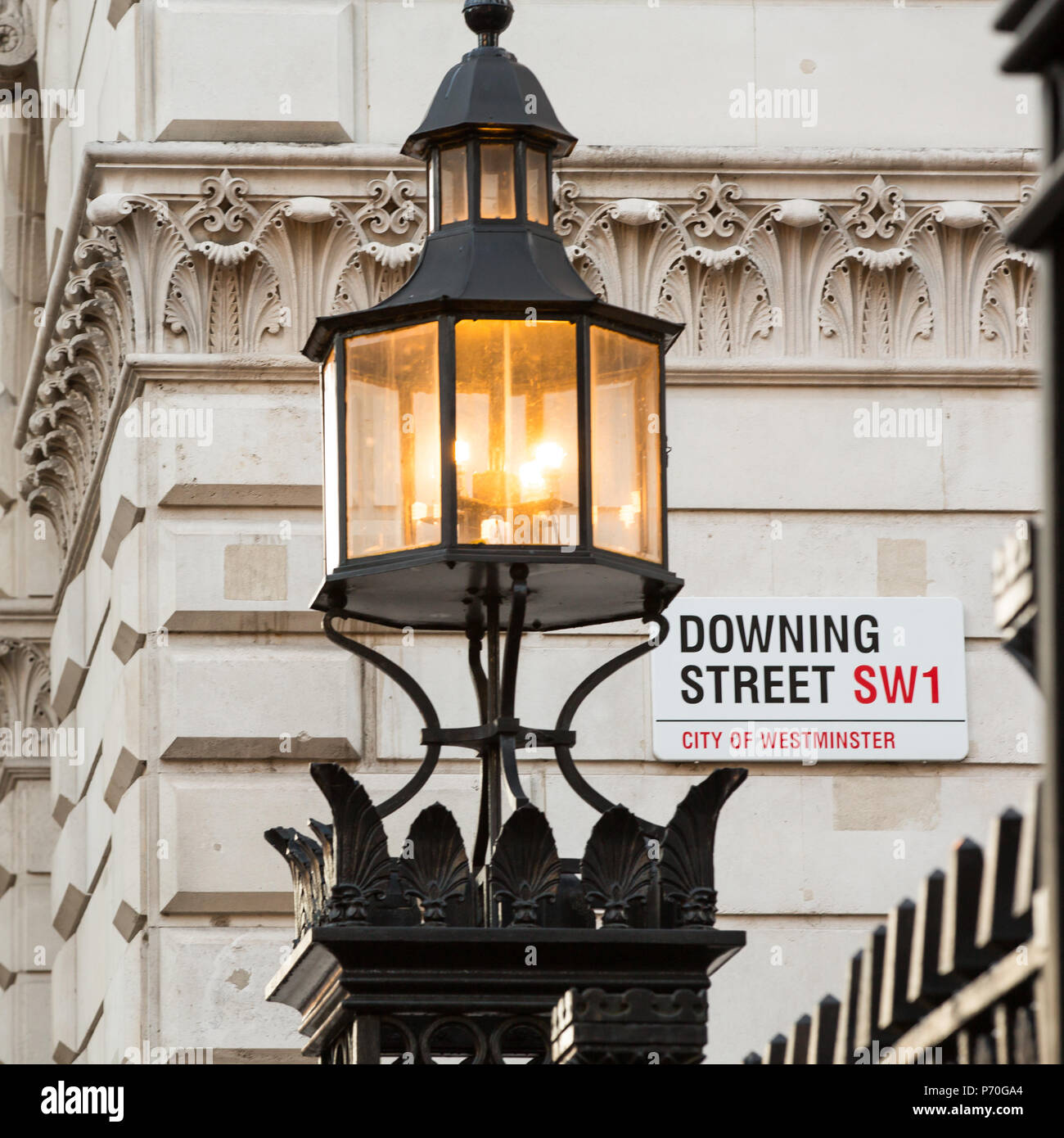London, UK - 20th November 2013: The iconic sign for Dowing Street, Westminster.  Number 10 is the official residence of the Prime Minister. In London Stock Photo