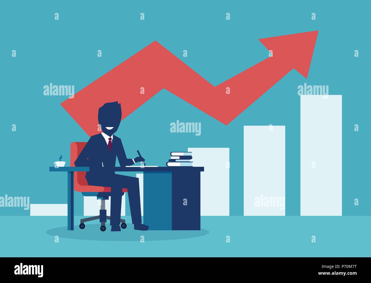 Successful businessman working at desk with red arrow chart growing up. Stock Vector
