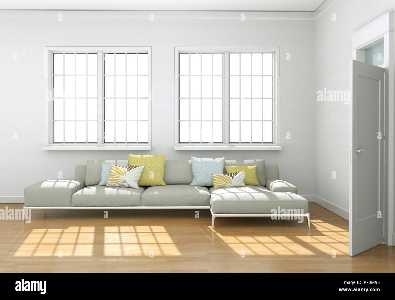 Bright room with grey sofa in front of window Stock Photo Alamy