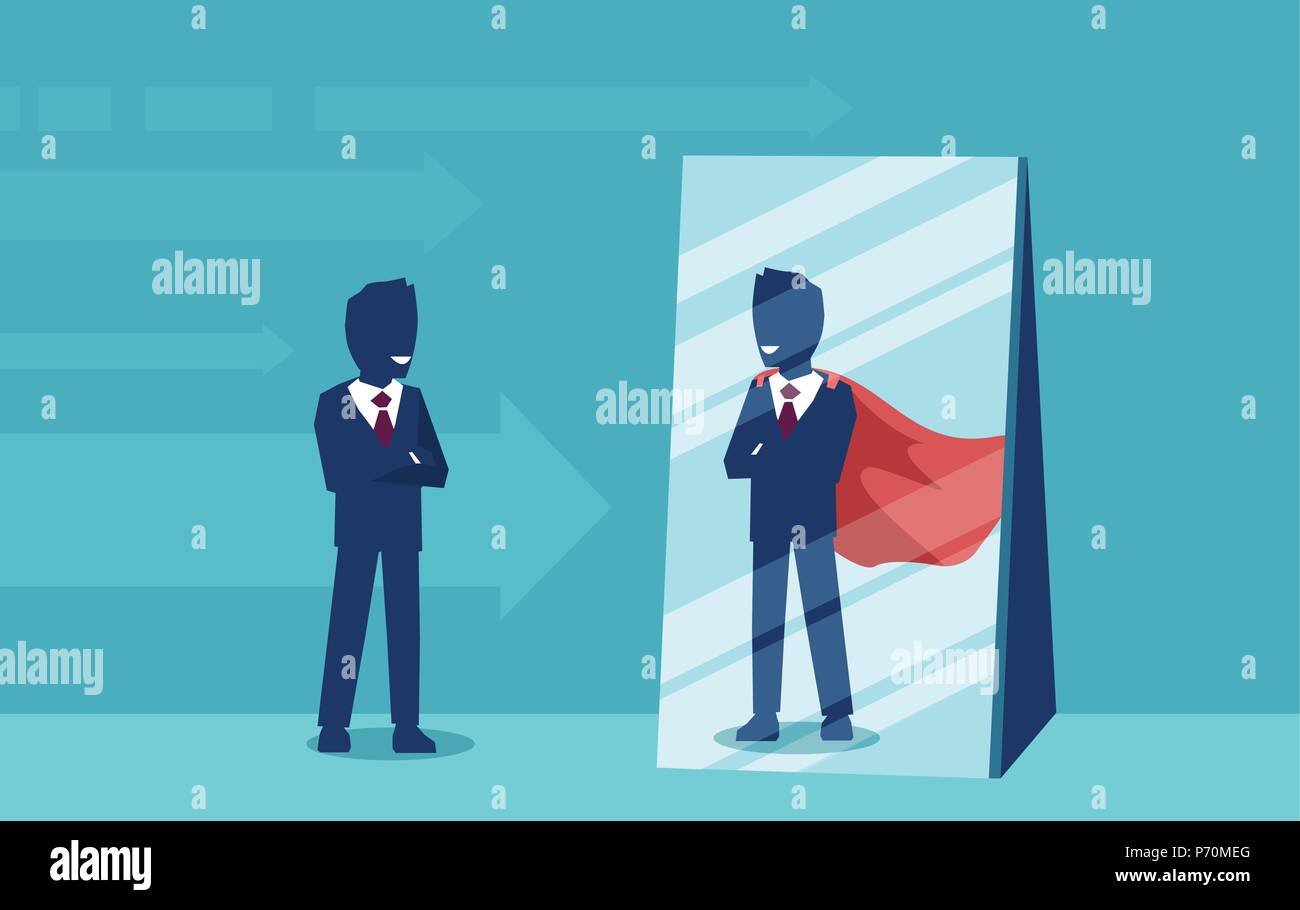 Vector of a motivated business man facing himself as a super hero in the mirror. Self confidence concept Stock Vector