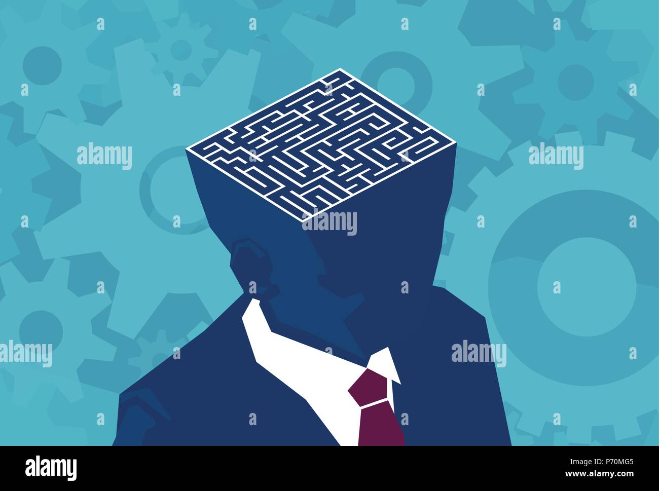 Inside businessman brain maze. Vector of an open head with labyrinth. Psychology concept vector illustration. Stock Vector