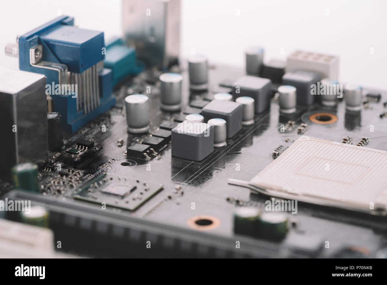 Baseboard closeup view with electronic details and components Stock