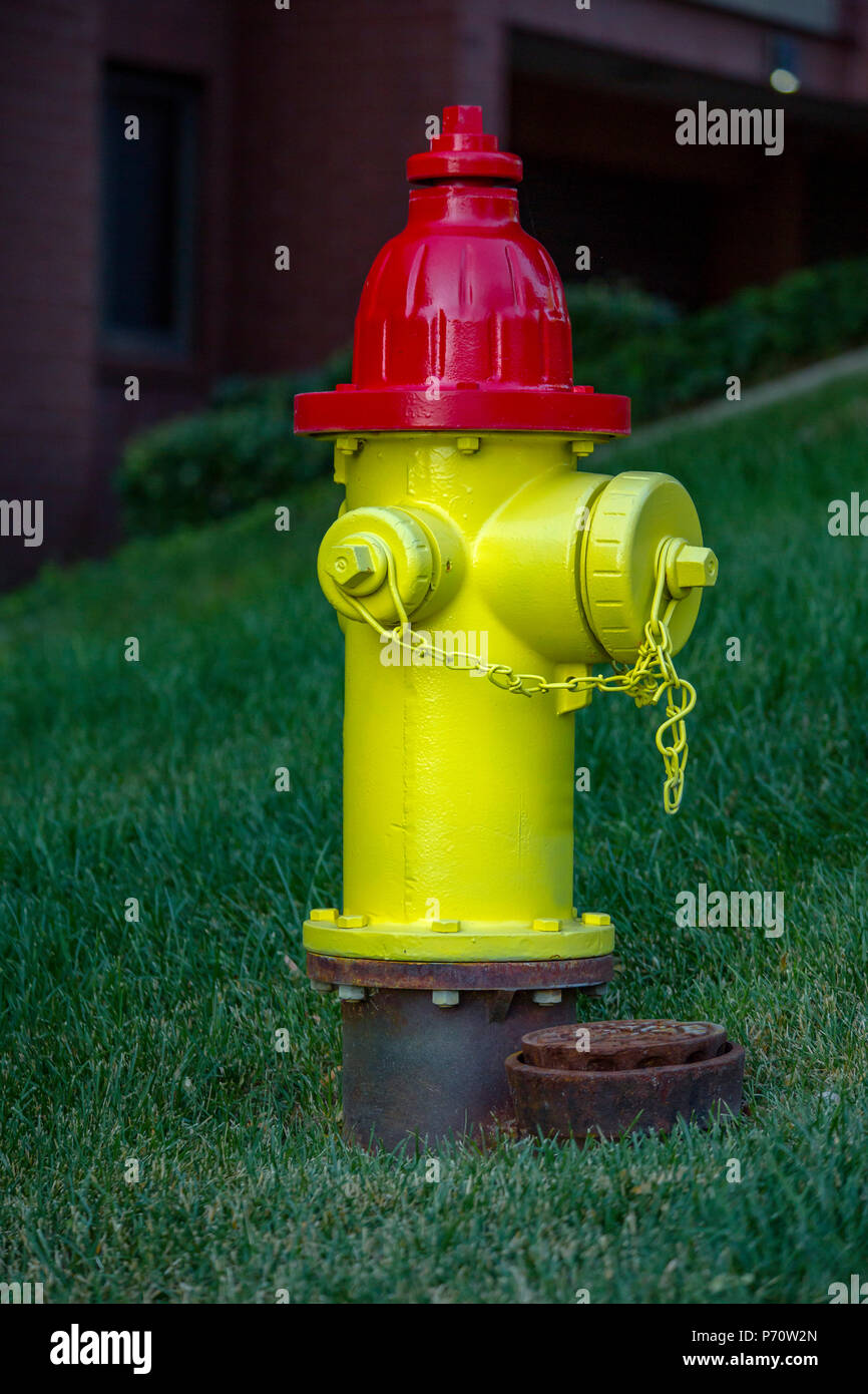 Yellow and red fire hydrant downtown residential Stock Photo Alamy