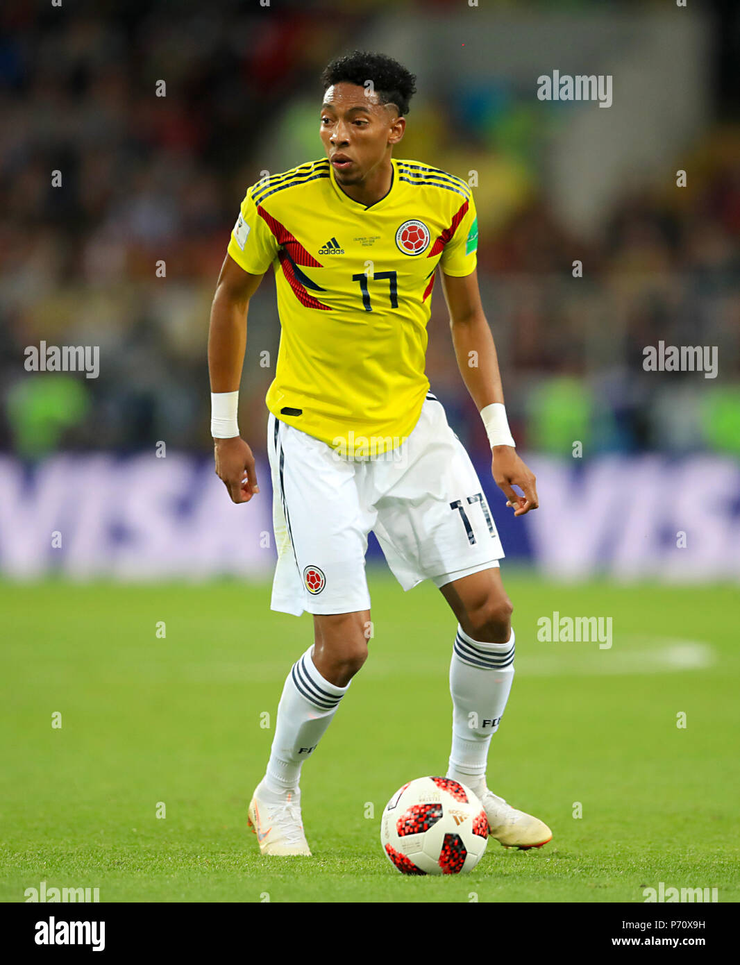 Colombia's Johan Mojica during the FIFA World Cup 2018, round of 16 match at the Spartak Stadium, Moscow. PRESS ASSOCIATION Photo. Picture date: Tuesday July 3, 2018. See PA story WORLDCUP England. Photo credit should read: Adam Davy/PA Wire. RESTRICTIONS: Editorial use only. No commercial use. No use with any unofficial 3rd party logos. No manipulation of images. No video emulation Stock Photo