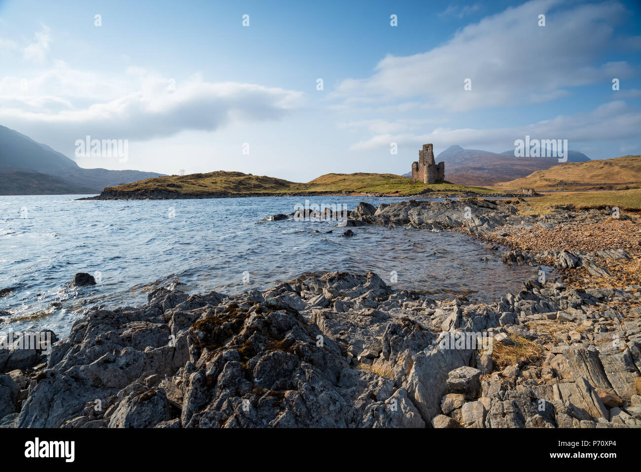 The ruins of Ardvreck Castle at Loch Assynt in the highlands of Scotland Stock Photo