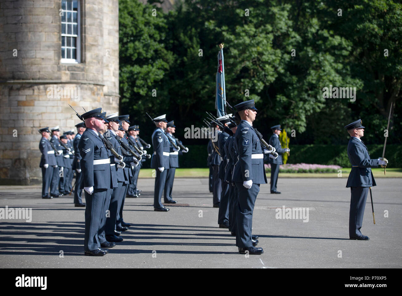 Members of 603 (City of Edinburgh) Squadron, Royal Auxiliary Air Force, who have been honoured with the Freedom of The City of Edinburgh, at the Palace of Holyroodhouse in Edinburgh. Stock Photo