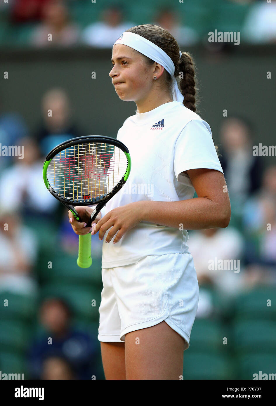 Jelena Ostapenko on day two of the Wimbledon Championships at the All  England Lawn tennis and Croquet Club, Wimbledon. PRESS ASSOCIATION Photo.  Picture date: Tuesday July 3, 2018. See PA story tennis