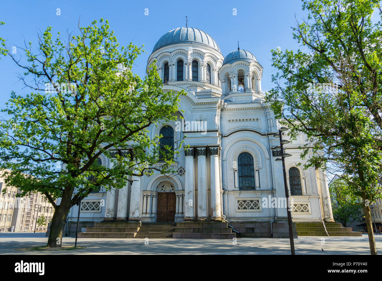 Lithuania, Old Sankt Michael the Archangel Church in Kaunas in warm afternoon sunlight Stock Photo