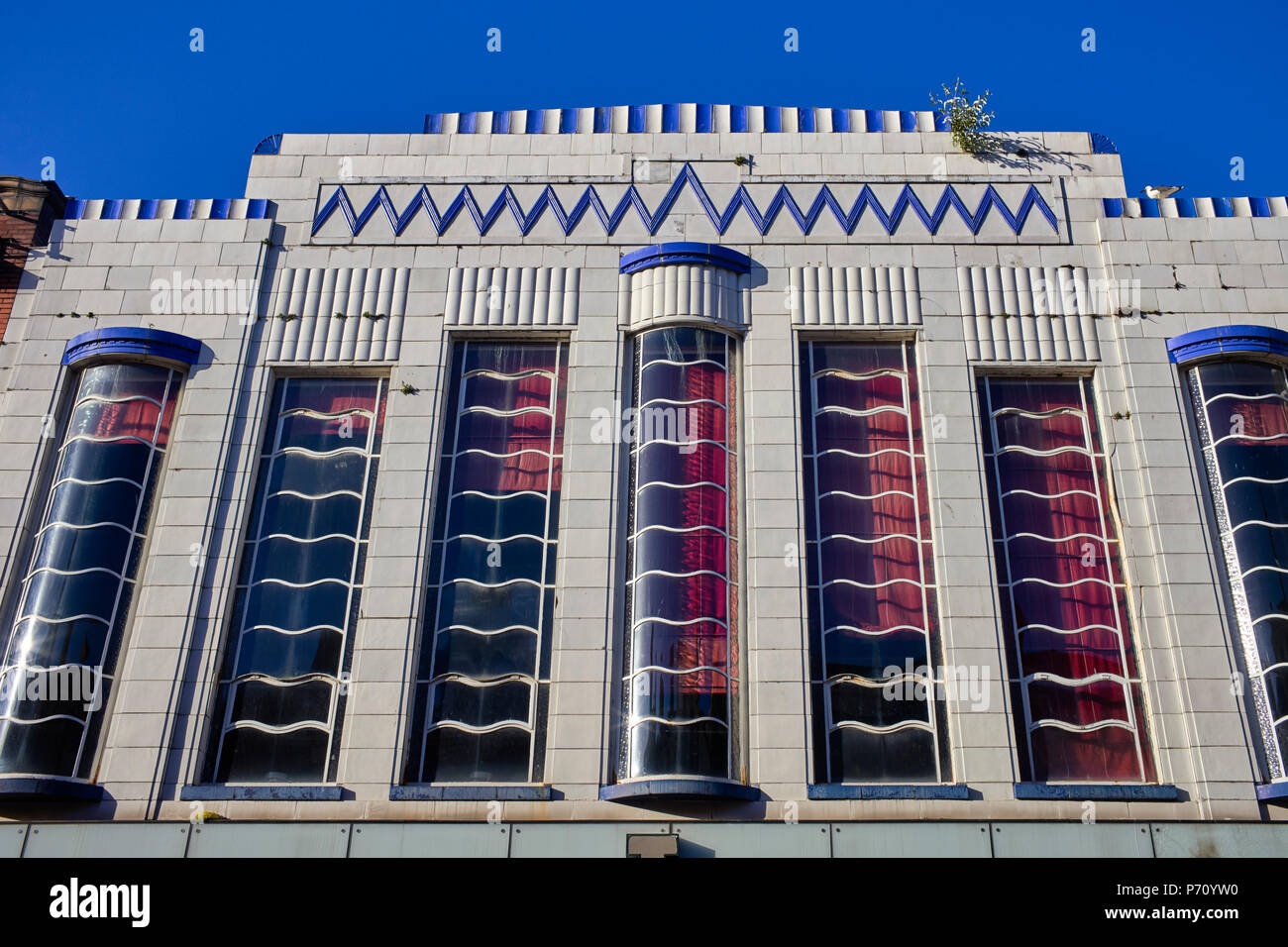 Art Deco building frontage that can be seen when looking up in Bold Street, Liverpool Stock Photo