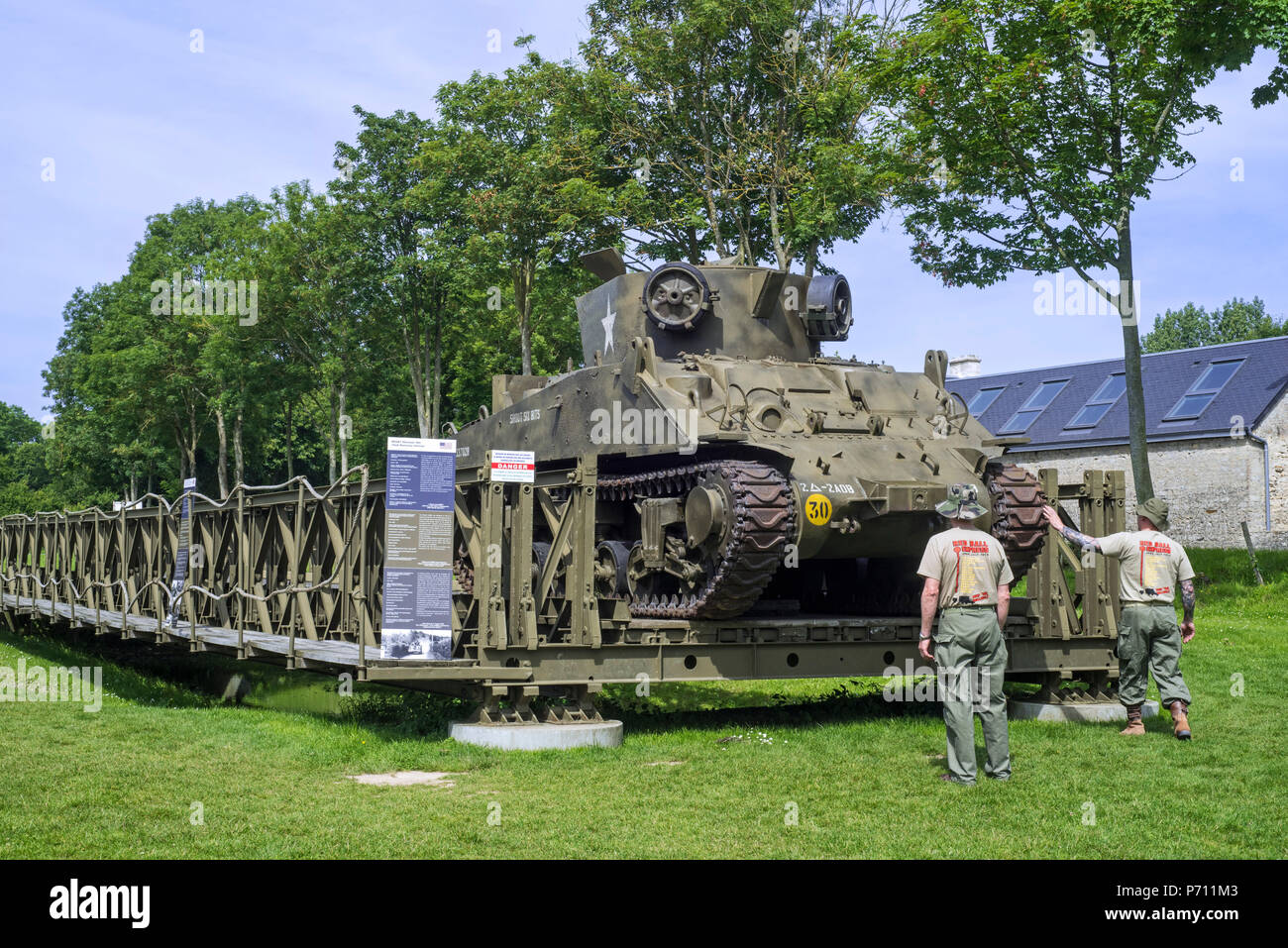 WW2 American M32 Tank Recovery Vehicle on Bailey bridge at Overlord Museum near Omaha Beach, Colleville-sur-Mer, Normandy, France Stock Photo