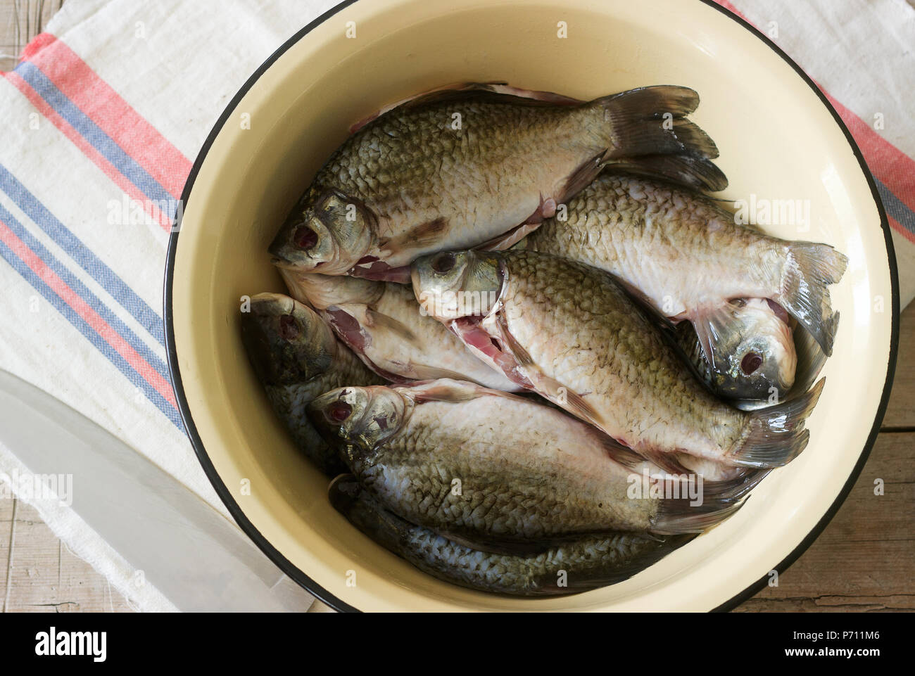 Fresh cleaned river carp in a metal basin on a table. Stock Photo