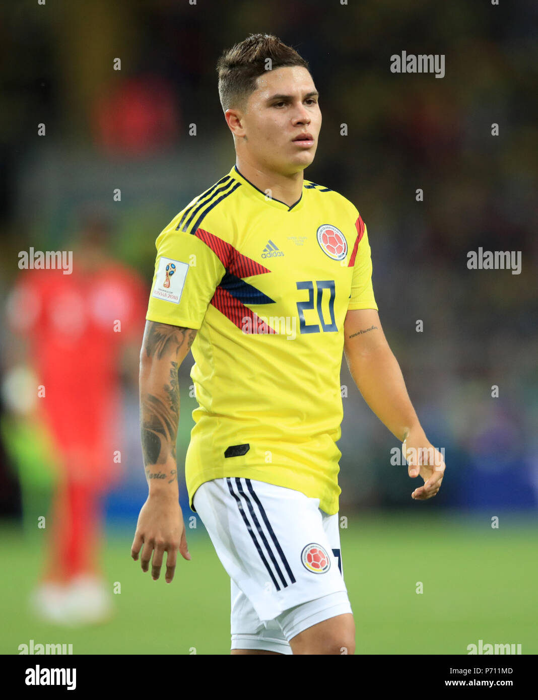 Colombia's Juan Fernando Quintero during the FIFA World Cup 2018, round of 16 match at the Spartak Stadium, Moscow. PRESS ASSOCIATION Photo. Picture date: Tuesday July 3, 2018. See PA story WORLDCUP England. Photo credit should read: Adam Davy/PA Wire. RESTRICTIONS: Editorial use only. No commercial use. No use with any unofficial 3rd party logos. No manipulation of images. No video emulation Stock Photo