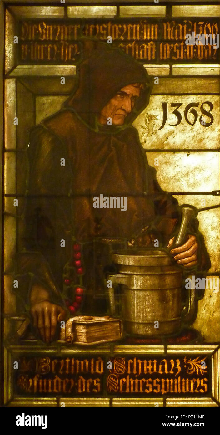 .  Deutsch: Berthold Schwarz, Erfinder des Schiesspulvers 1368 English: Berthold Schwarz, inventor of gunpowder, 1368  1899-1900 17 Bertold Schwarz Stock Photo