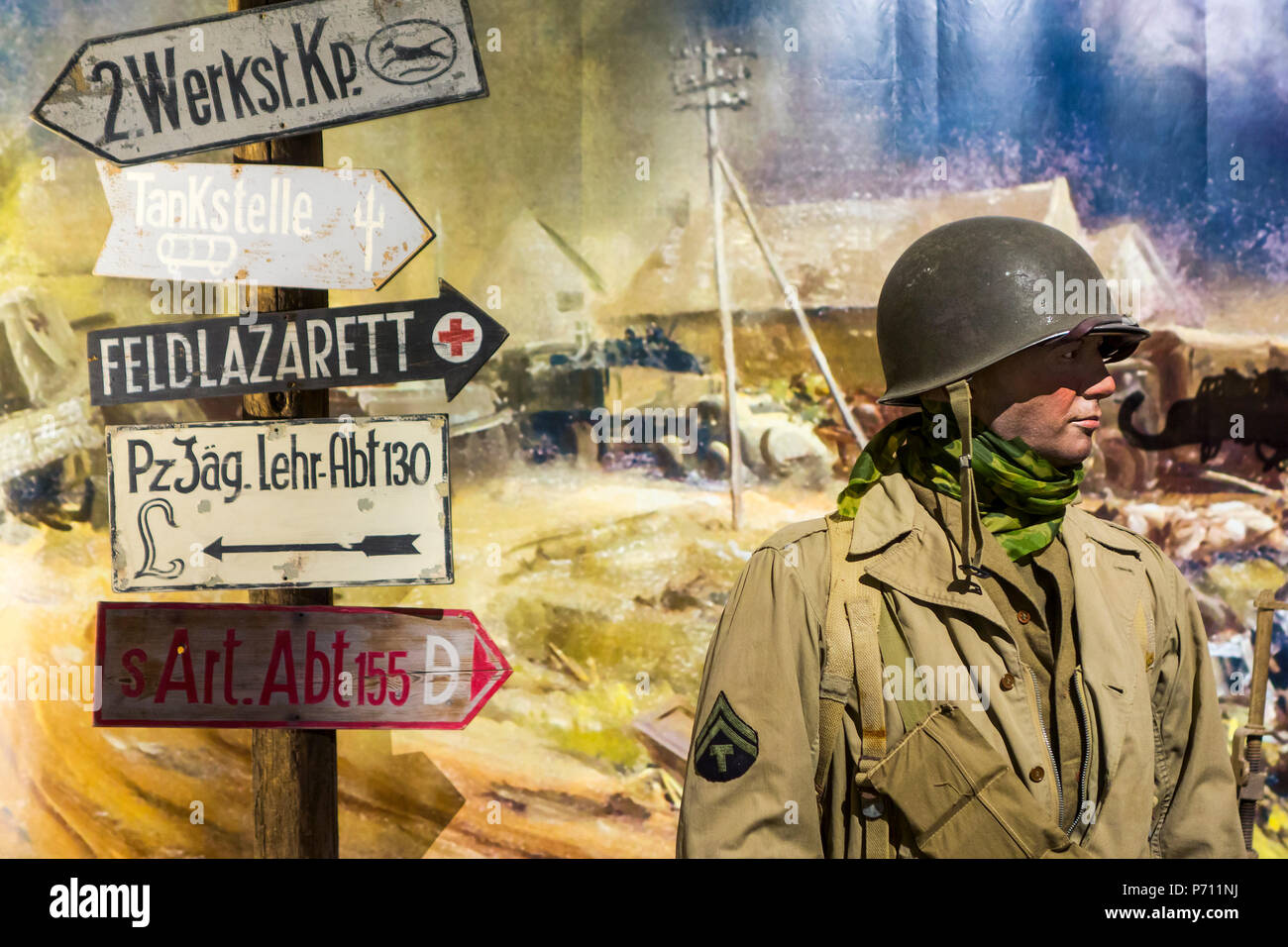 Diorama with American WWII soldier in the Overlord Museum near Omaha Beach about WW2 Allied landing during D-Day, Colleville-sur-Mer, Normandy, France Stock Photo
