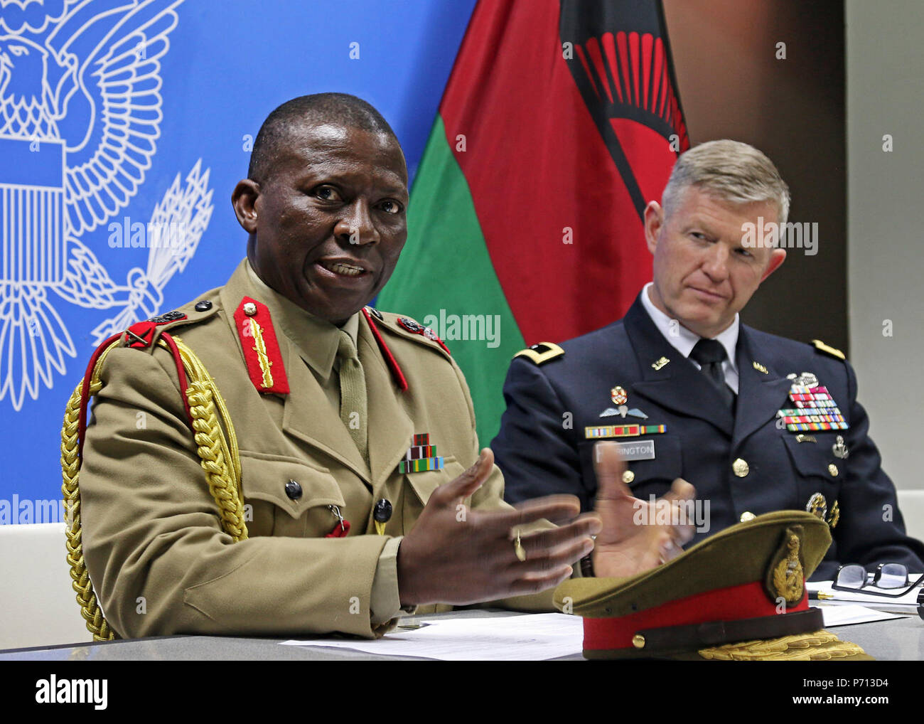 Gen. Griffin “Spoon” Phiri (left), Malawi Defense Force chief of staff, and Maj. Gen. Joseph Harrington, commander of U.S. Army Africa, answer questions during a press conference after the conclusion of African Land Forces Summit 2017, in Lilongwe, Malawi, May 11, 2017. ALFS is an annual, weeklong seminar bringing together land force chiefs from across Africa for candid dialog to discuss and develop cooperative solutions to regional and transregional challenges and threats. Stock Photo