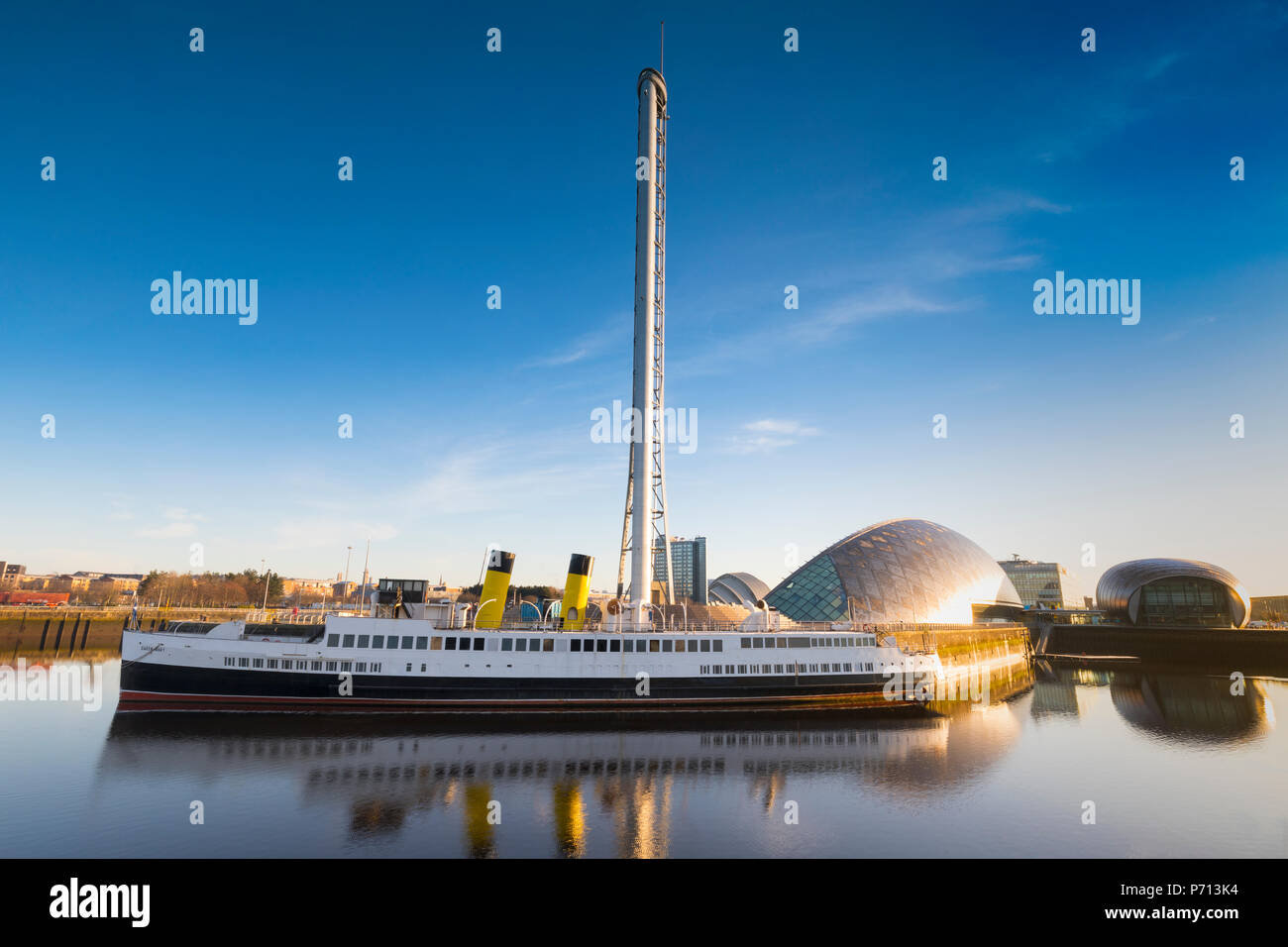 TS Queen Mary, Clyde Steamer, in front of Glasgow Tower, Science Museum and IMax, Glasgow, Scotland, United Kingdom, Europe Stock Photo