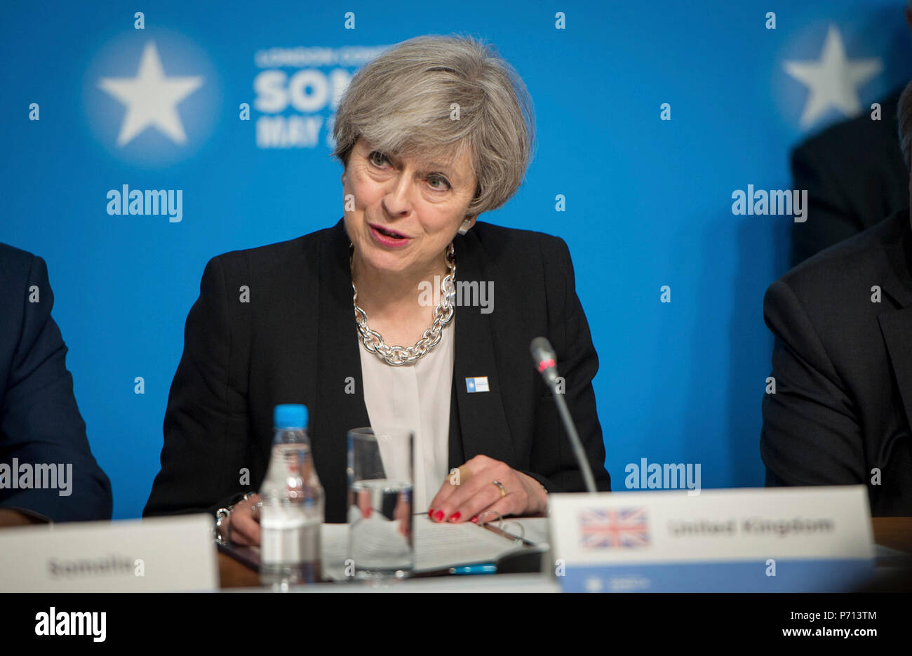 Brittish Prime Minister Theresa May speaks during an international conference on Somalia at the Lancaster House in London on May 11, 2017. (DOD Stock Photo