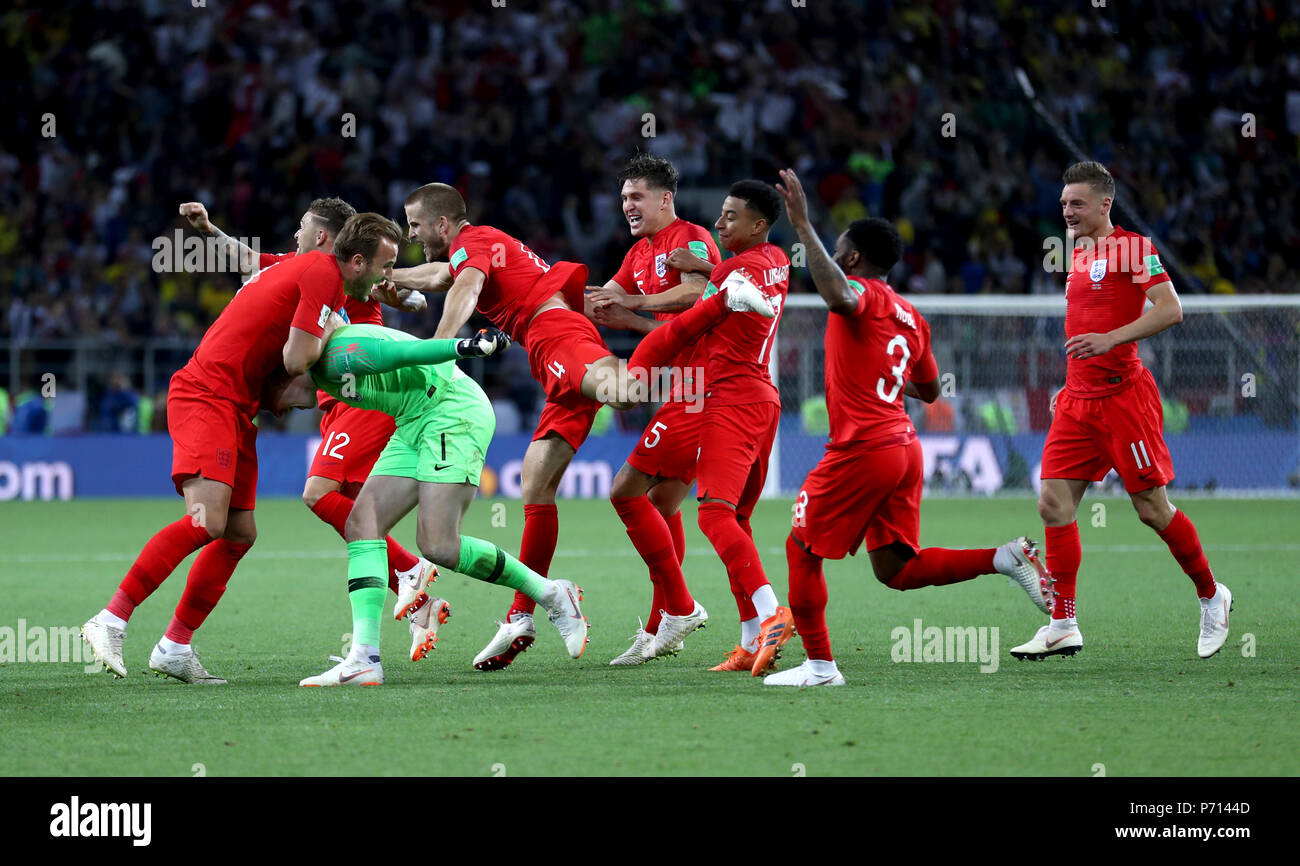 England players celebrate winning the penalty shootout during the FIFA World Cup 2018, round of 16 match at the Spartak Stadium, Moscow. Stock Photo