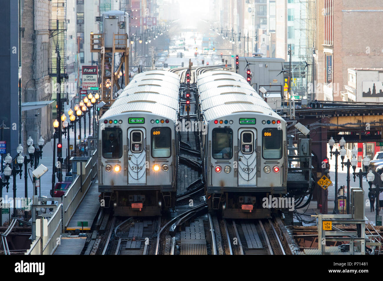 Two Chicago CTA L trains near Adams and Wabash station in The Loop