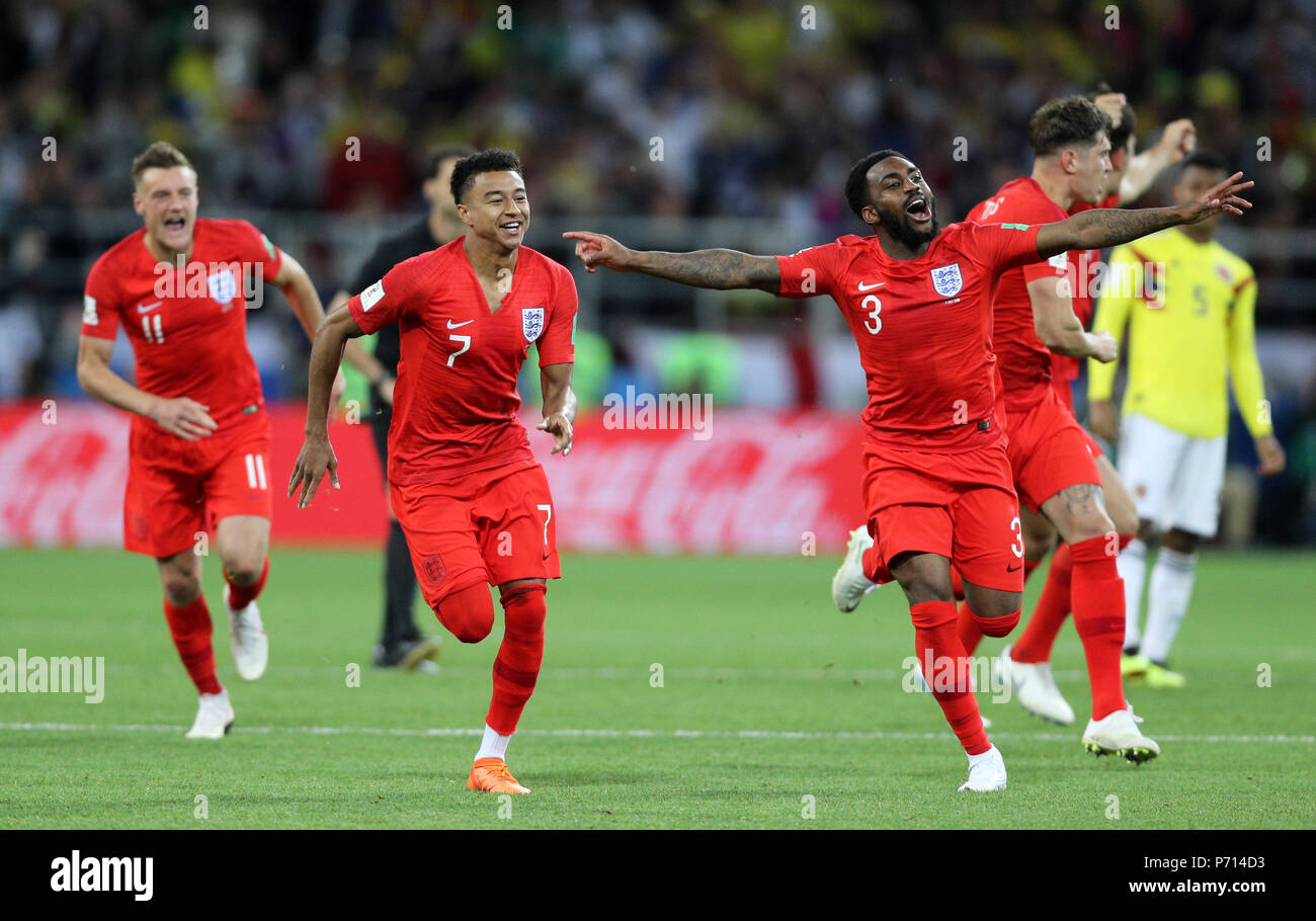 England's Jesse Lingard (left) and Danny Rose celebrate after winning the  FIFA World Cup 2018, round of 16 match at the Spartak Stadium, Moscow Stock  Photo - Alamy