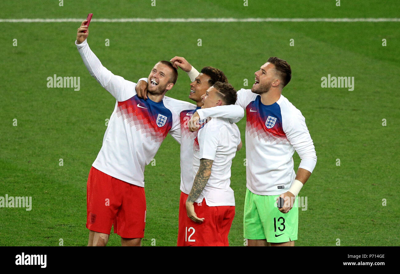England's (left-right) Eric Dier, Dele Alli, Kieran Trippier and goalkeeper Jack Butland take a selfie to celebrate during the FIFA World Cup 2018, round of 16 match at the Spartak Stadium, Moscow. Stock Photo