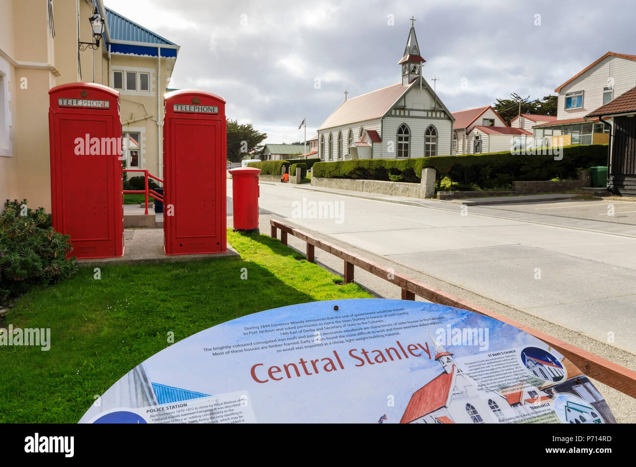 Central Stanley sign, Post Office, red telephone boxes and post box