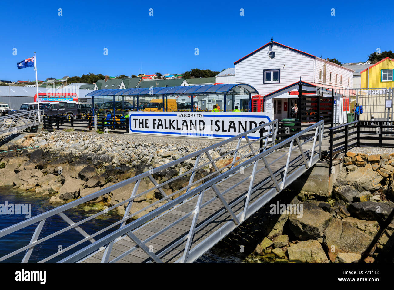 Welcome To The Falkland Islands Sign Stanley Harbour Port Stanley Falkland Islands South America Stock Photo Alamy