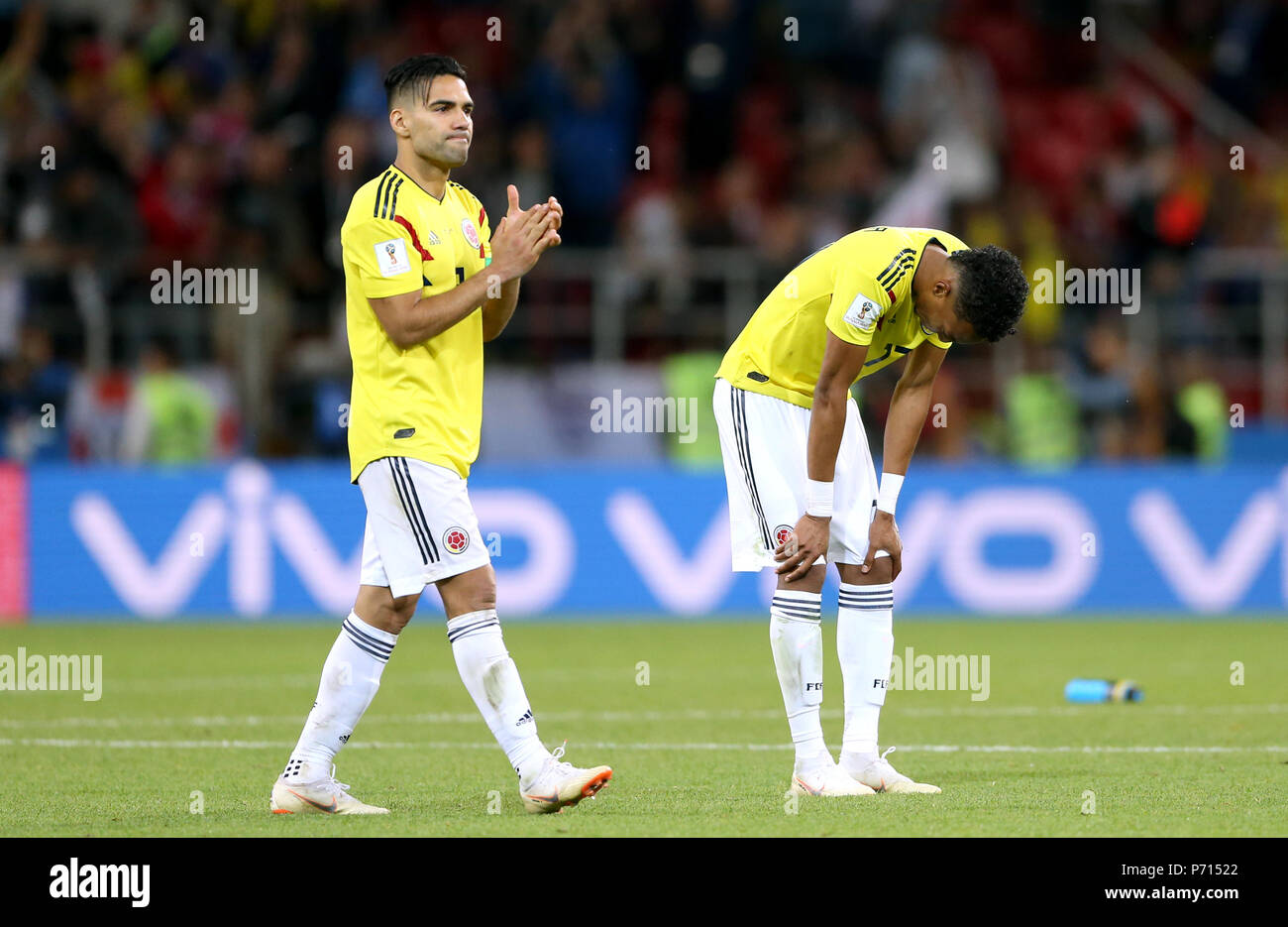 Colombia's Radamel Falcao (left) and Johan Mojica appear dejected after losing out to England at the end of the FIFA World Cup 2018, round of 16 match at the Spartak Stadium, Moscow. Stock Photo