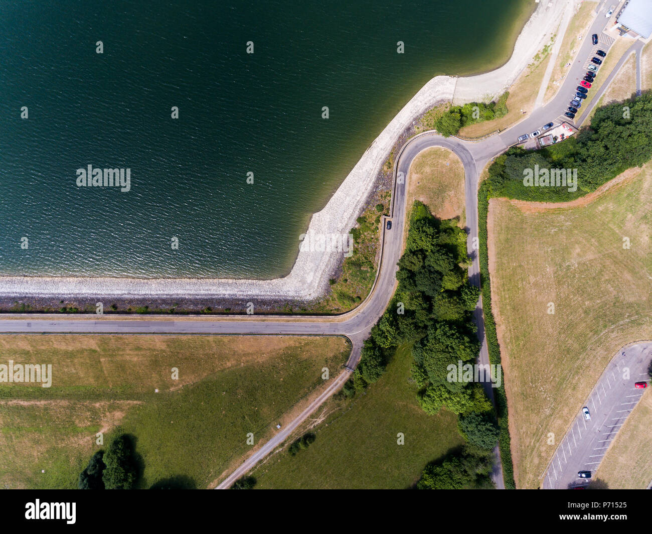 An aerial view of Llandegfedd Reservoir in South Wales UK Stock Photo