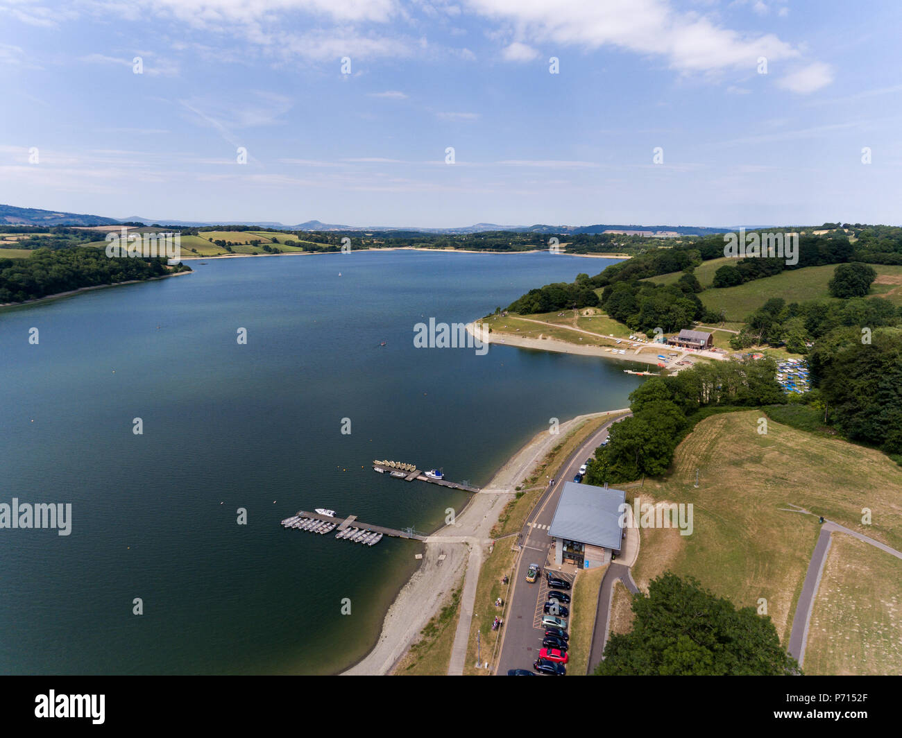 An aerial view of Llandegfedd Reservoir in South Wales UK Stock Photo