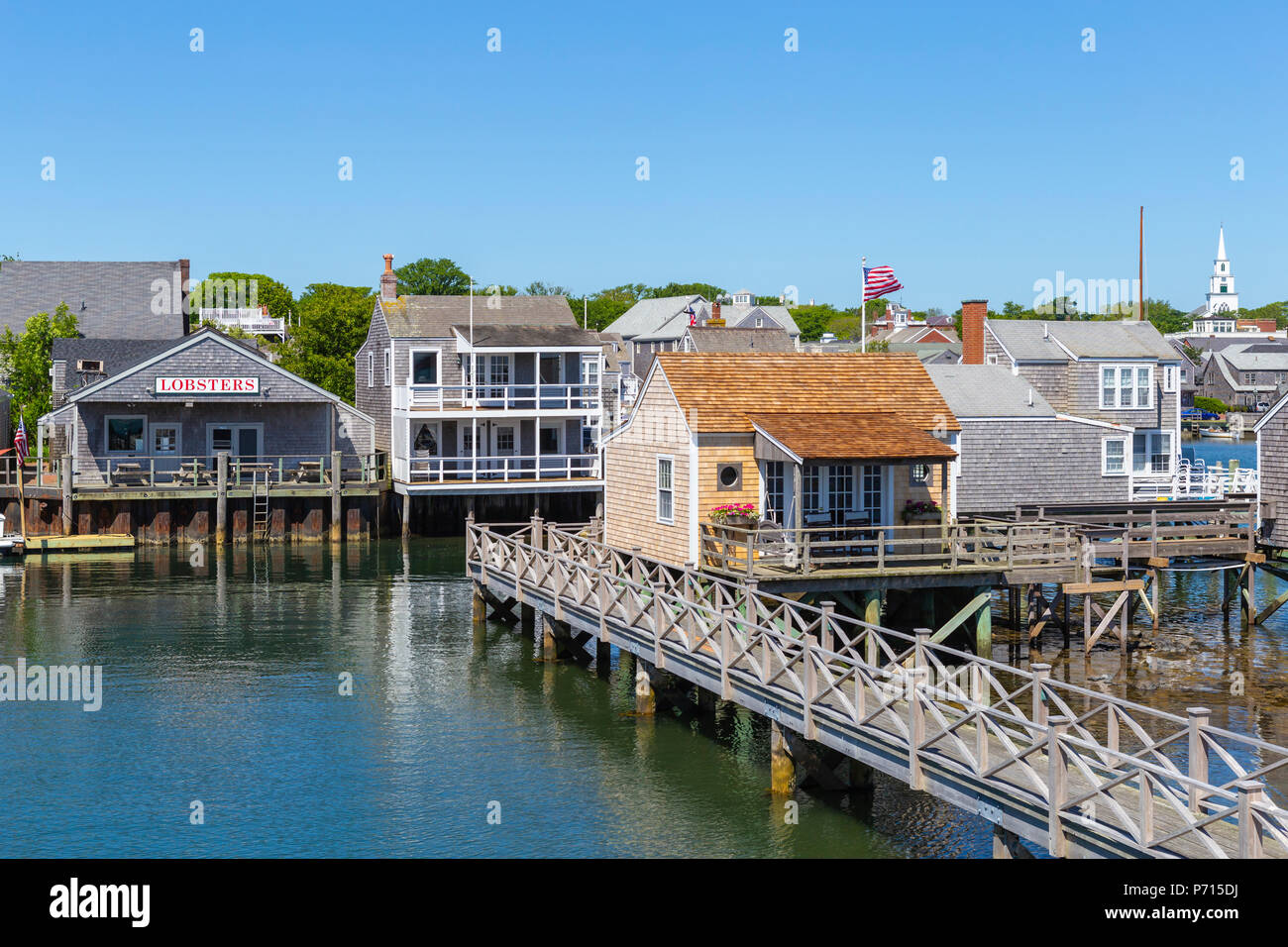Waterfront cottages on Old North Wharf in Nantucket, Massachusetts. Stock Photo