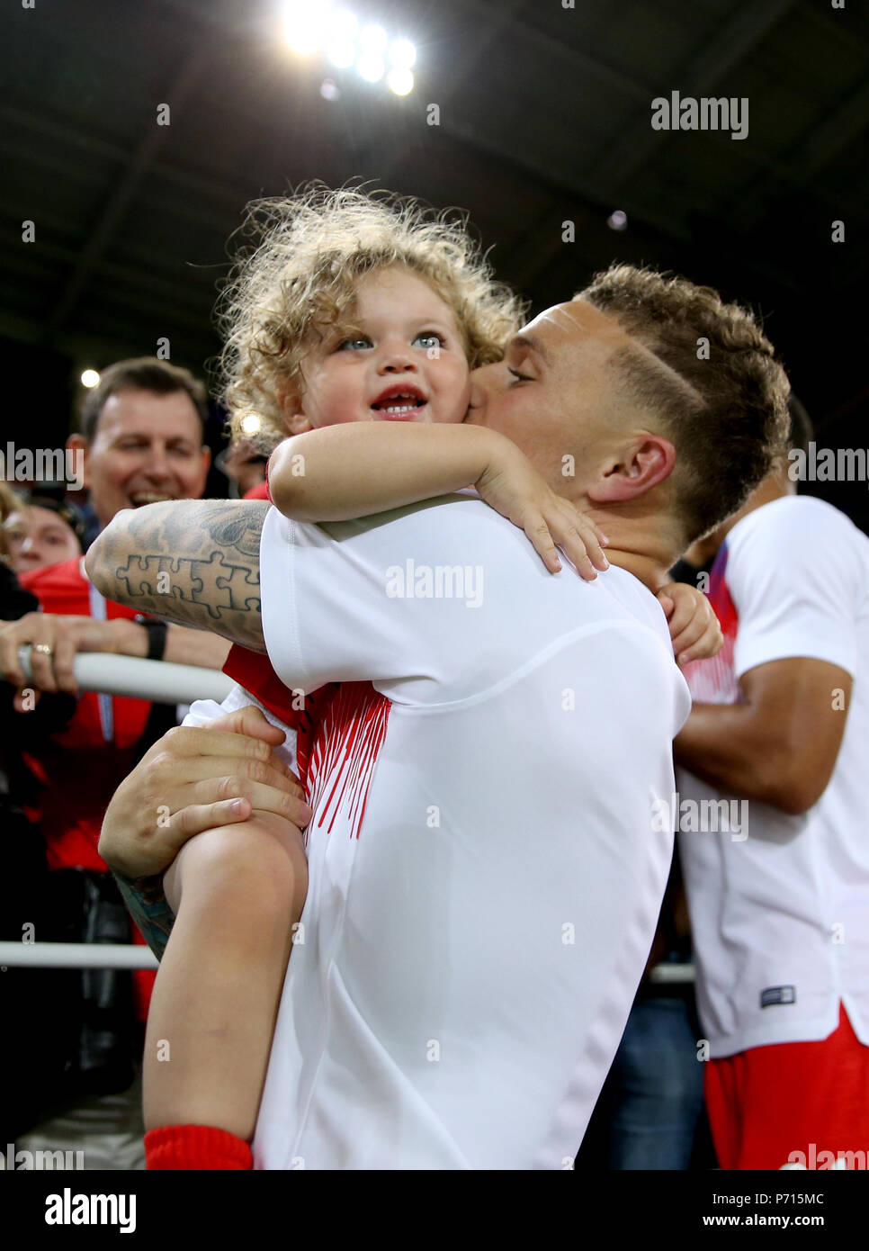 England's Kieran Trippier celebrates with his son after winning the FIFA World Cup 2018, round of 16 match at the Spartak Stadium, Moscow. Stock Photo