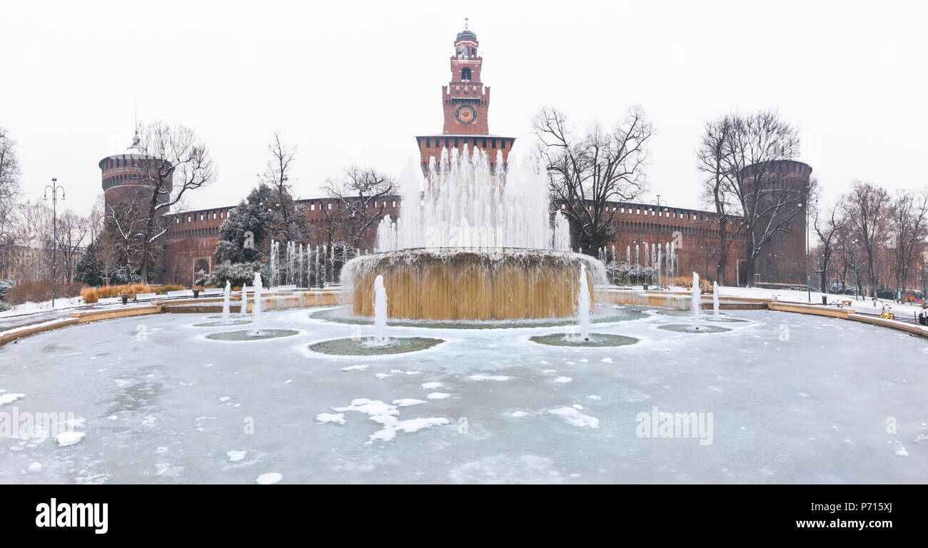 Fountain of Castello Square iced after snowfall, Milan, Lombardy, Northern Italy, Italy, Europe Stock Photo