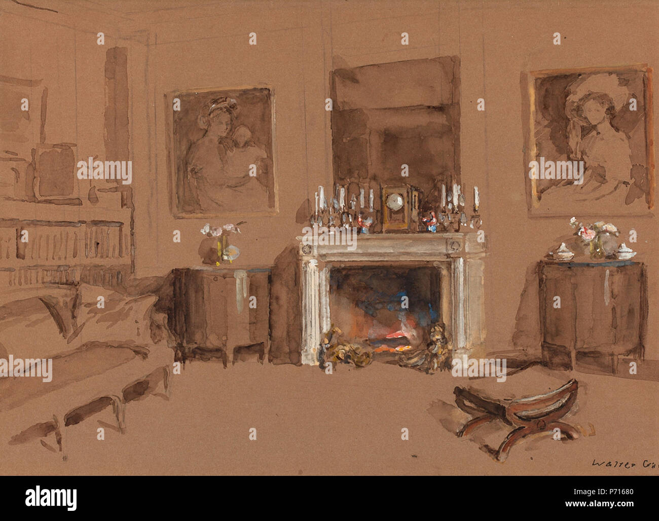 English: Interior with Fireplace by Walter Gay, ink wash and gouache on brown paper, 11 x 15¼ inches . N/A 126 Interior with Fireplace by Walter Gay Stock Photo