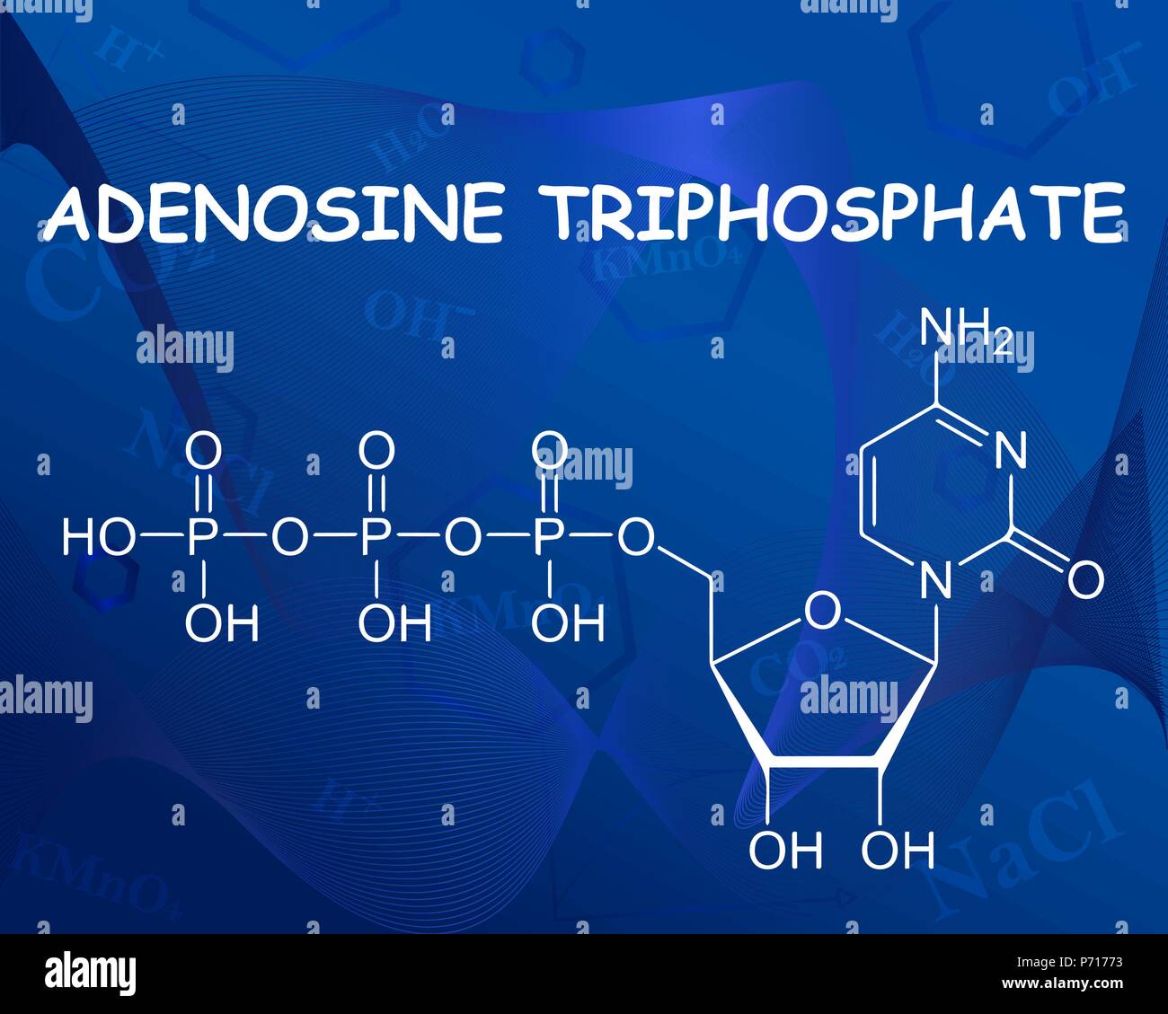 Adenosine triphosphate chemical formula. Vector illustration. Formula beautiful blue background. Stock Vector