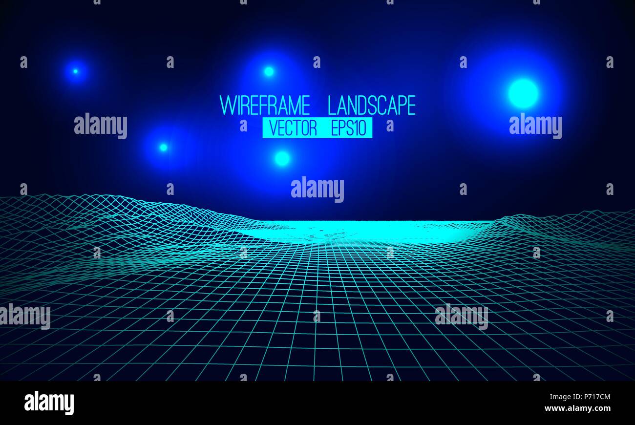 Abstract vector wireframe landscape background. Cyberspace grid. 3d futuristic vector illustration Stock Vector
